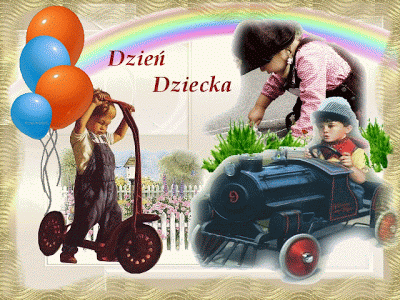 Dzieci z balonami i tęczą Dzień Dziecka